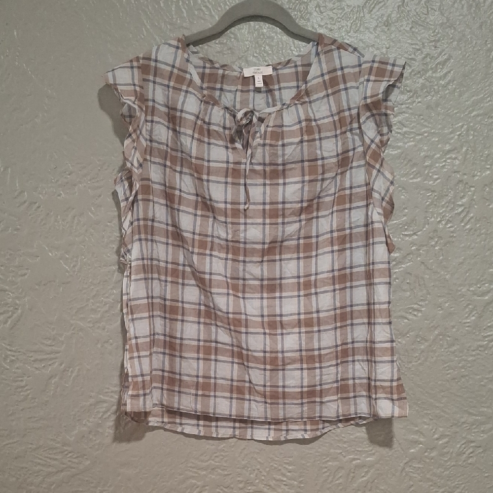 Como Vintage Brown Plaid Ruffle Sleeve Blouse Size L